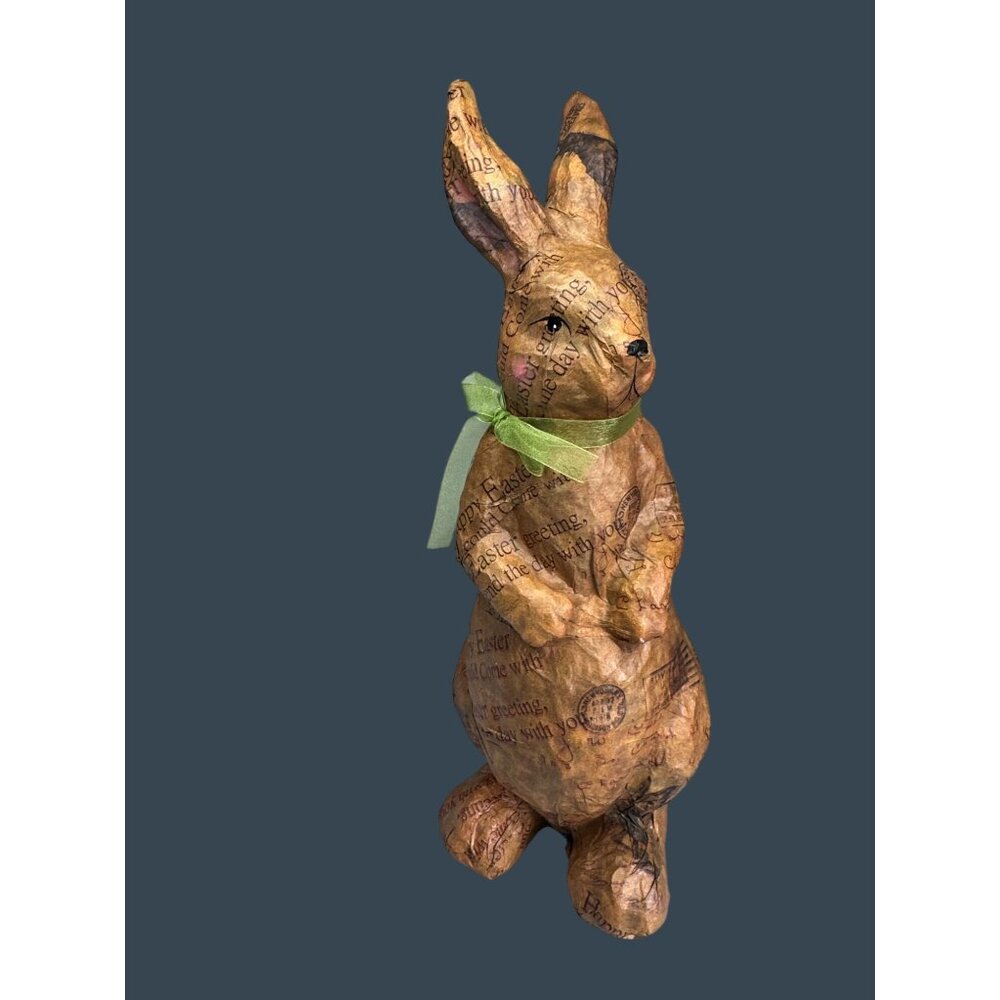 Vintage Decoupage Paper Mache Bunny Rabbit Postcard Print Green Bow 16" - Picture 11 of 12
